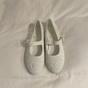 White Mary Jane Ballet Flats with CC Logo